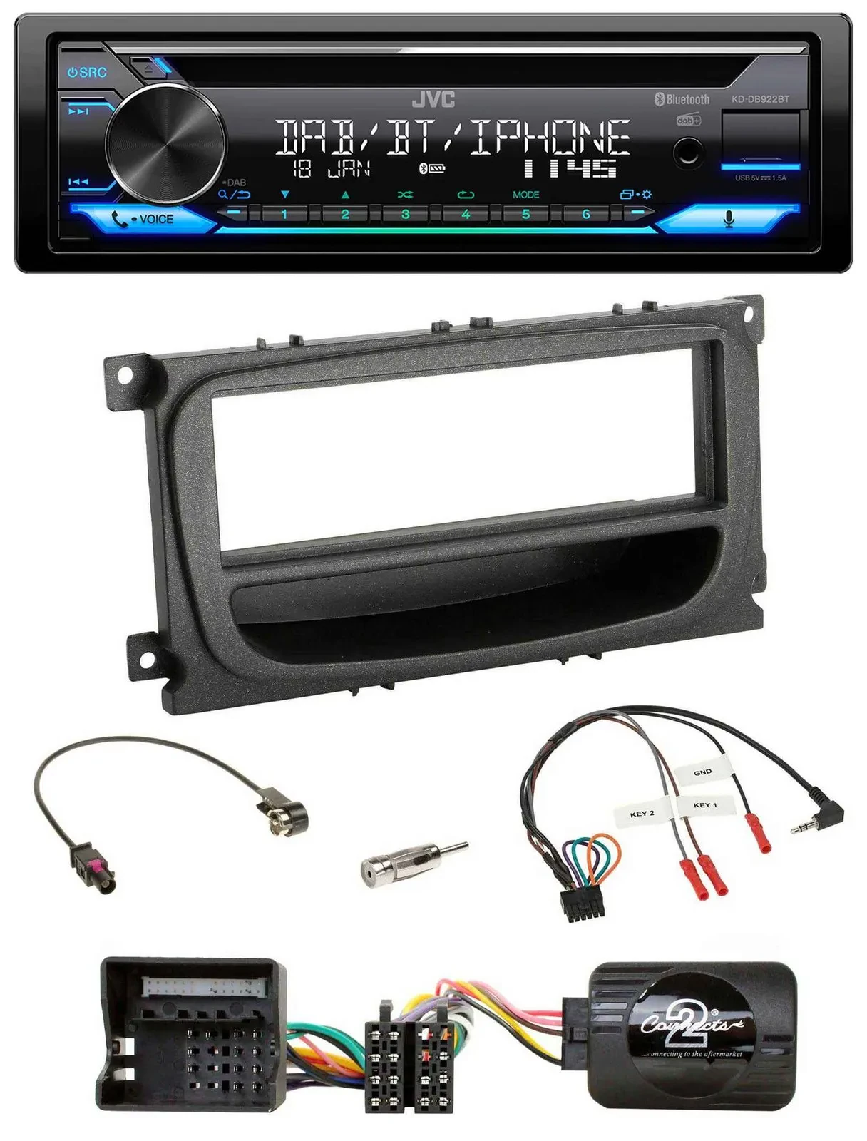 JVC Bluetooth Lenkrad USB DAB CD Autoradio für Ford Mondeo S-Max 07-14 schwarz A