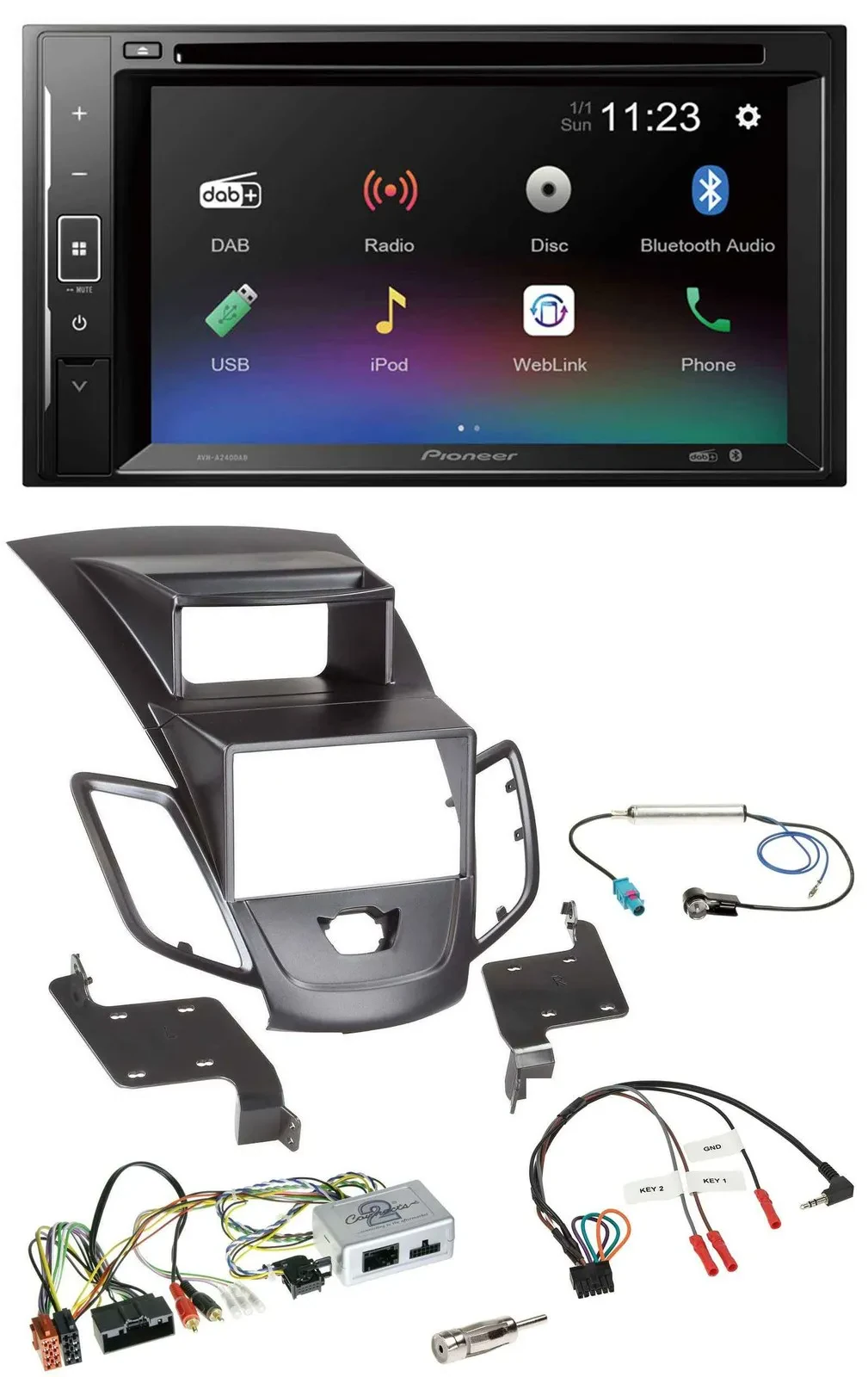 Pioneer Bluetooth Lenkrad USB 2DIN DAB DVD Autoradio für Ford Fiesta 10-17 Displ