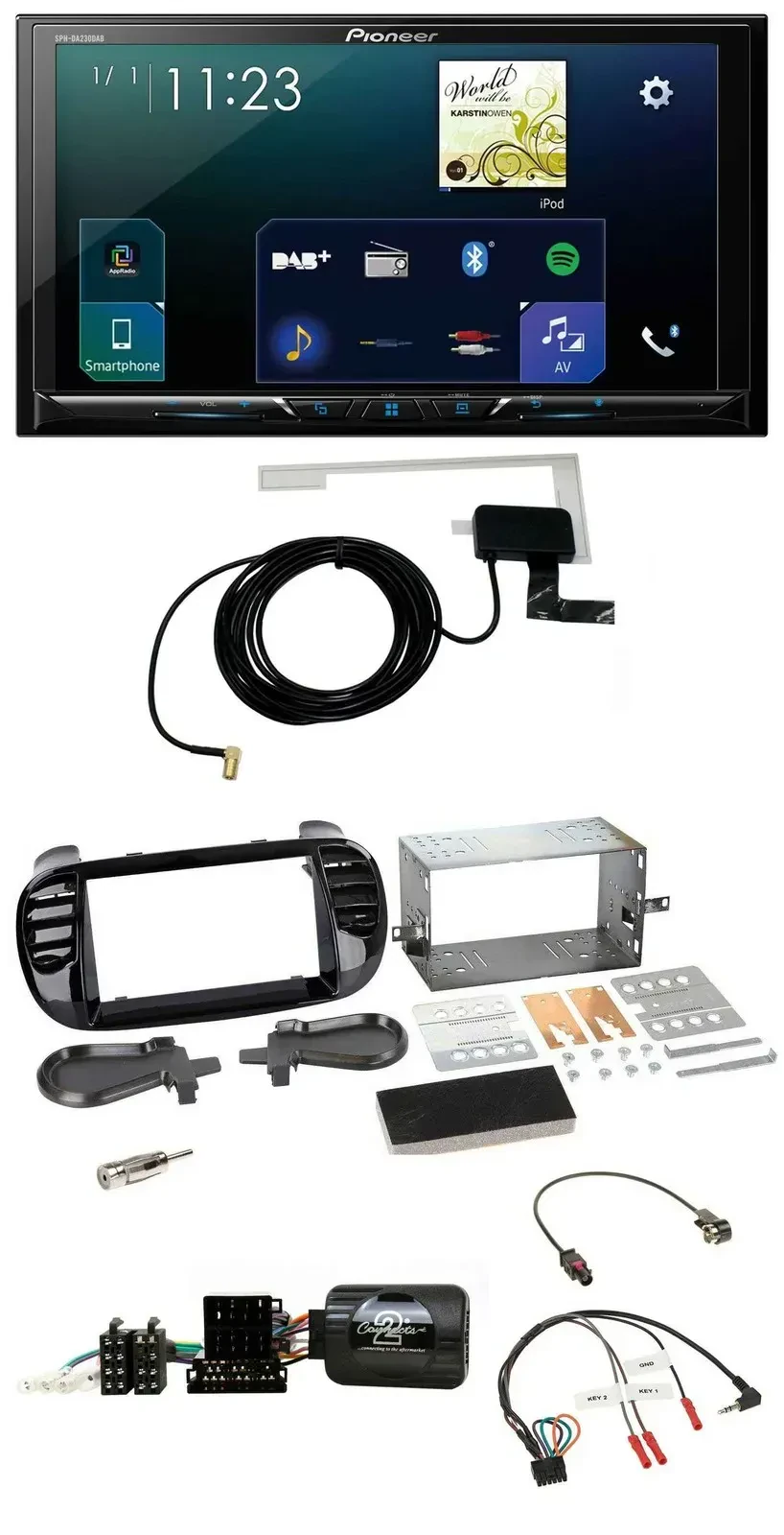 Автомагнитола для Fiat 500 Pioneer 2DIN, DAB, USB, Bluetooth, поддержка управления с руля, Fakra, 2008–2015, черный