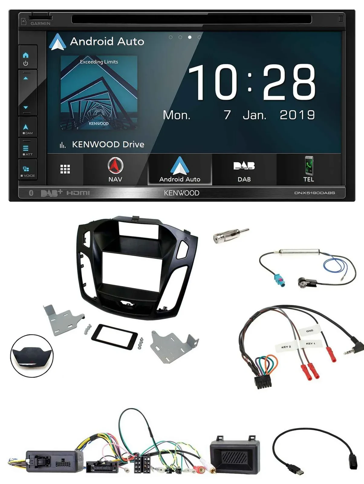 Kenwood DAB TMC USB 2DIN Lenkrad Bluetooth Navigation für Ford Focus 2014-2018