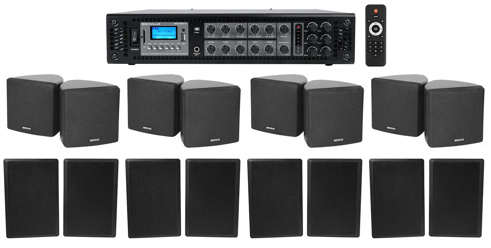 Трансляционный усилитель Rockville RCS180-6+(4) Cube 70v Black+(4) Rockslim с комплектом акустики