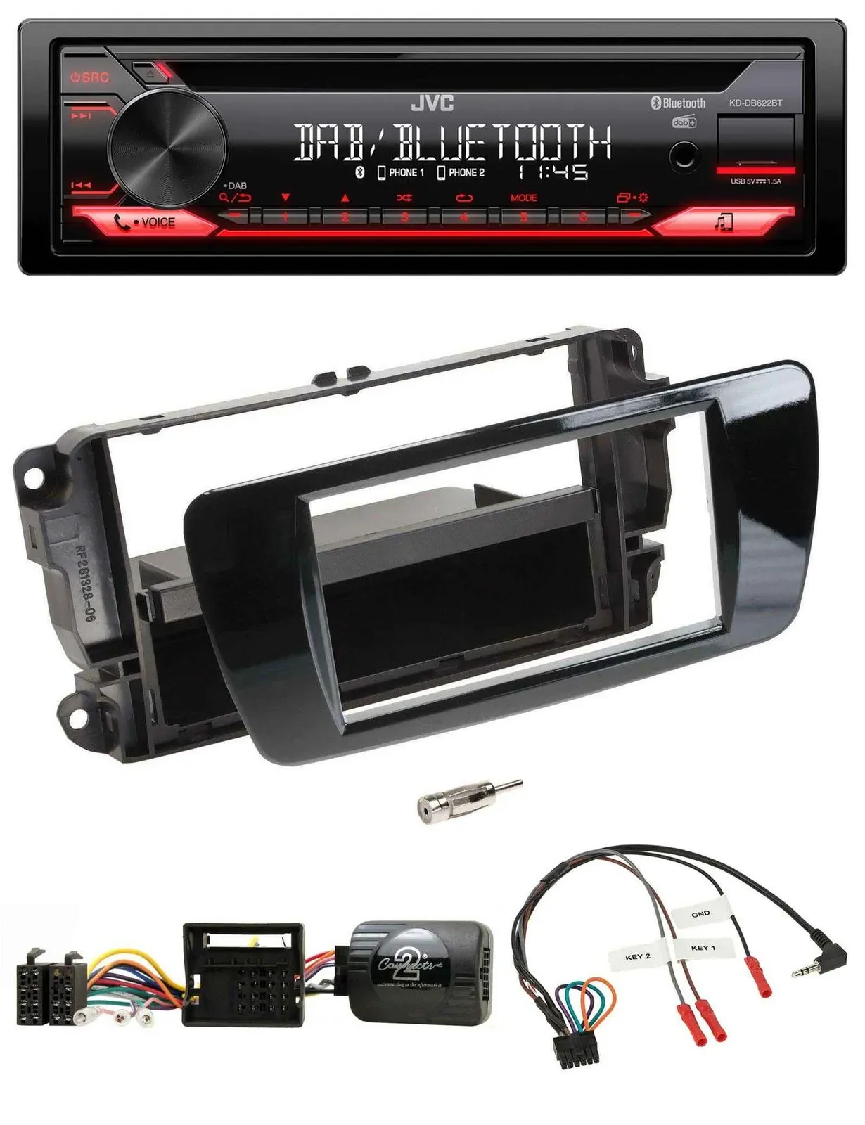 Автомагнитола JVC CD, DAB, USB, Bluetooth, поддержка управления с руля, для Seat Ibiza, цвет черный глянец