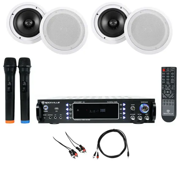 Rockville RPA70WBT Bluetooth Karaoke Amplifier+(4) 8" Ceiling Speakers+Mics