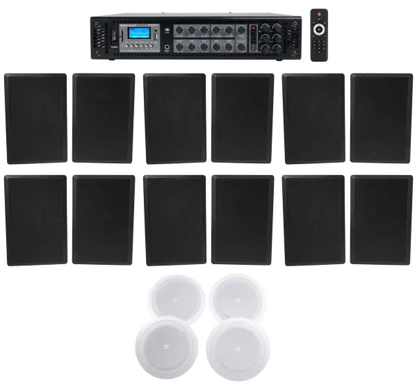 6-Zone Amplifier+12 Black Wall+4 JBL 8" Ceiling Speakers For Restaurant/Bar/Cafe