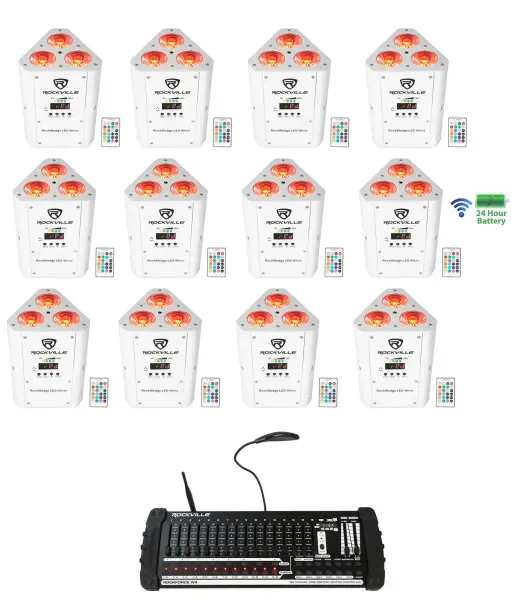 12) Rockville RockWedge White LED Battery Lights+384 Ch. Wireless DMX Controller