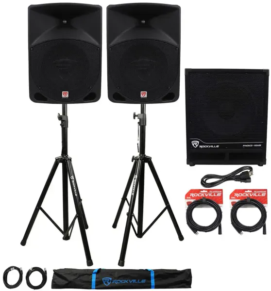 (2) Rockville RPG10 10" Powered PA Speakers+Active 15" Subwoofer+Stands+Cables