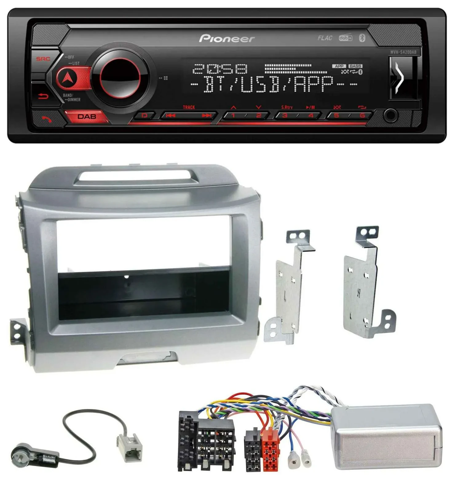 Автомагнитола для Kia Sportage 3 (2010–2015) Pioneer USB, DAB, Bluetooth, серебристая