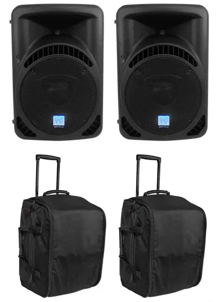 2 Rockville RPG12BT 12" Powered Bluetooth DJ Wireless Link Speakers+Rolling Bags