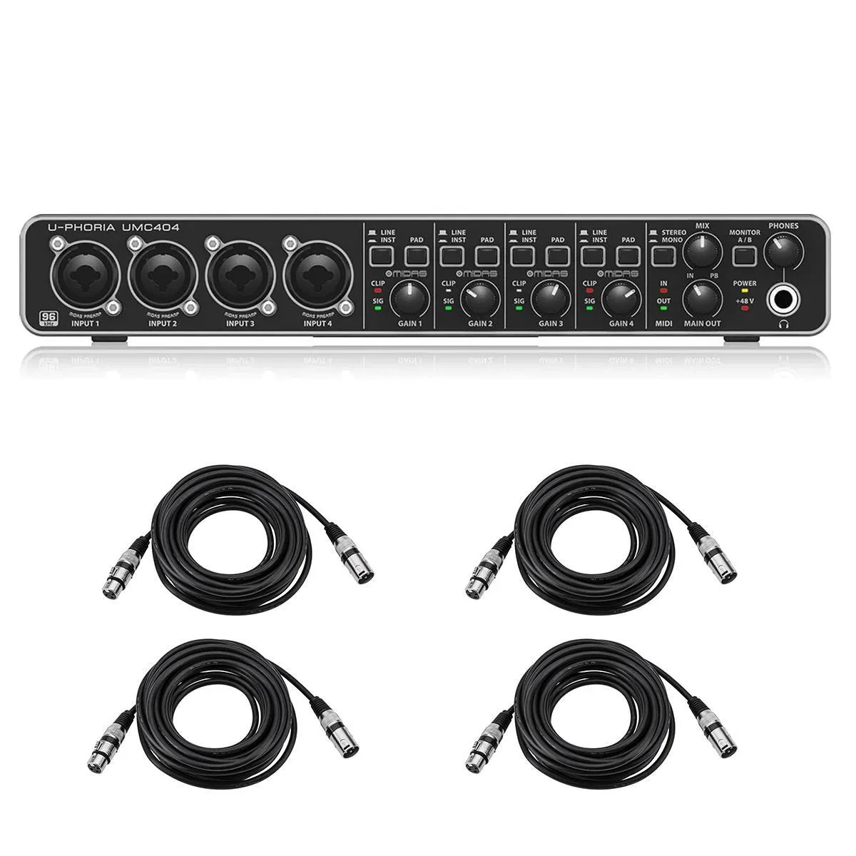 Behringer U-PHORIA UMC404HD USB Audio Interface, Bundle w/4x 25' XLR Mic Cable