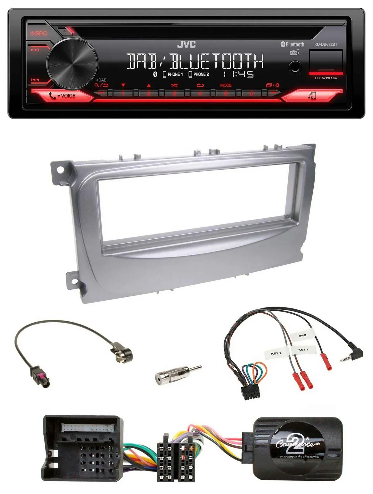 Автомагнитола JVC CD, DAB, USB, Bluetooth, поддержка управления на руле, для Ford Galaxy/C-Max (с 2007), Focus