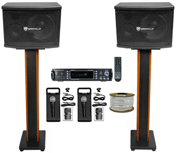 (2) Rockville KPS65 400w Karaoke/Pro Speakers+Bluetooth Amp+36" Stands+(2) Mics