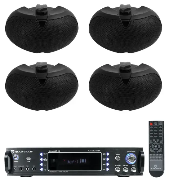 (4) Rockville D4-16 Black Dual 4" 16 Ohm Outdoor Restaurant Patio Speakers+Amp