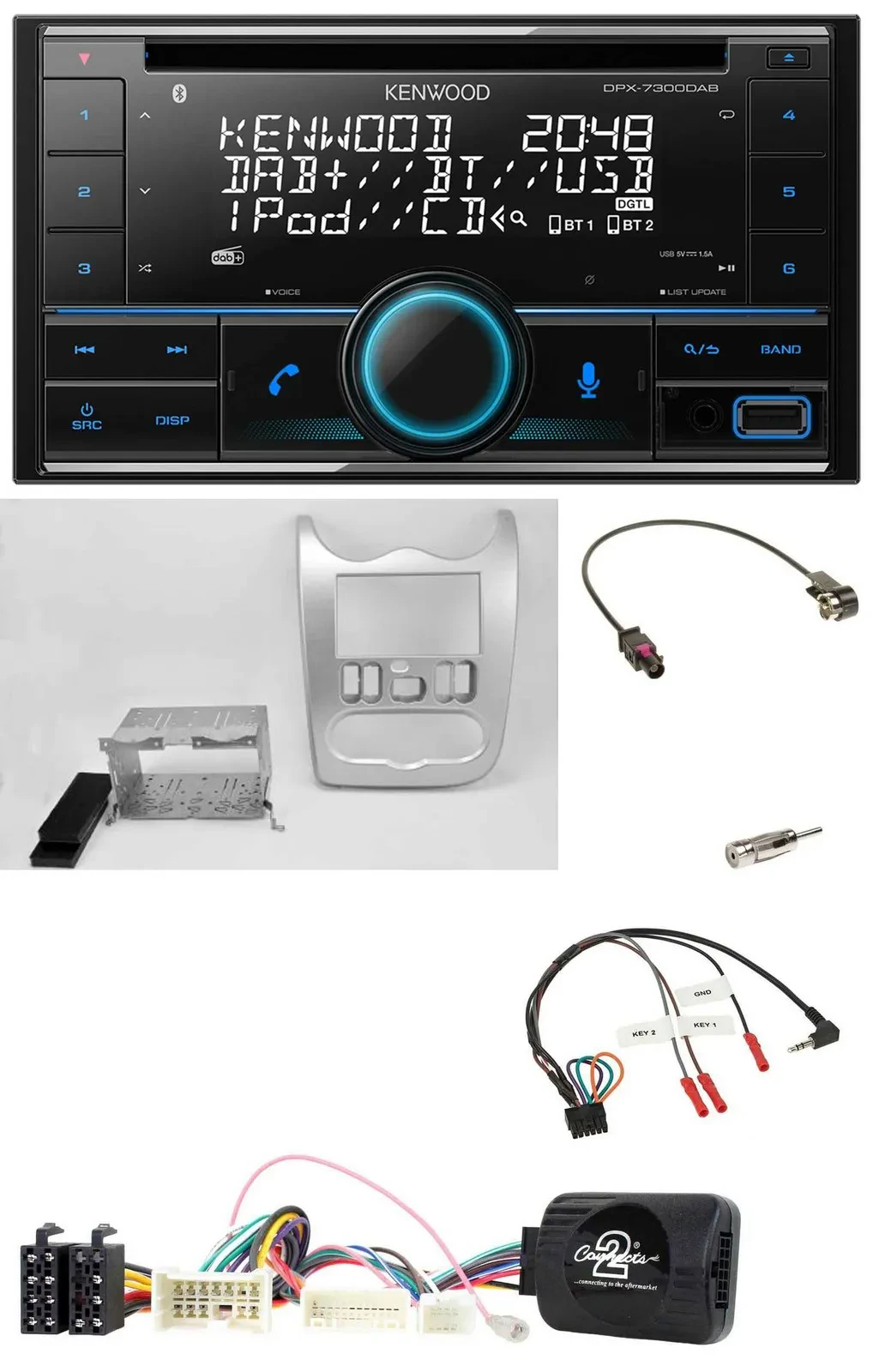 Kenwood CD 2DIN DAB USB Lenkrad Bluetooth Autoradio für Dacia ab 2012 hellsilber