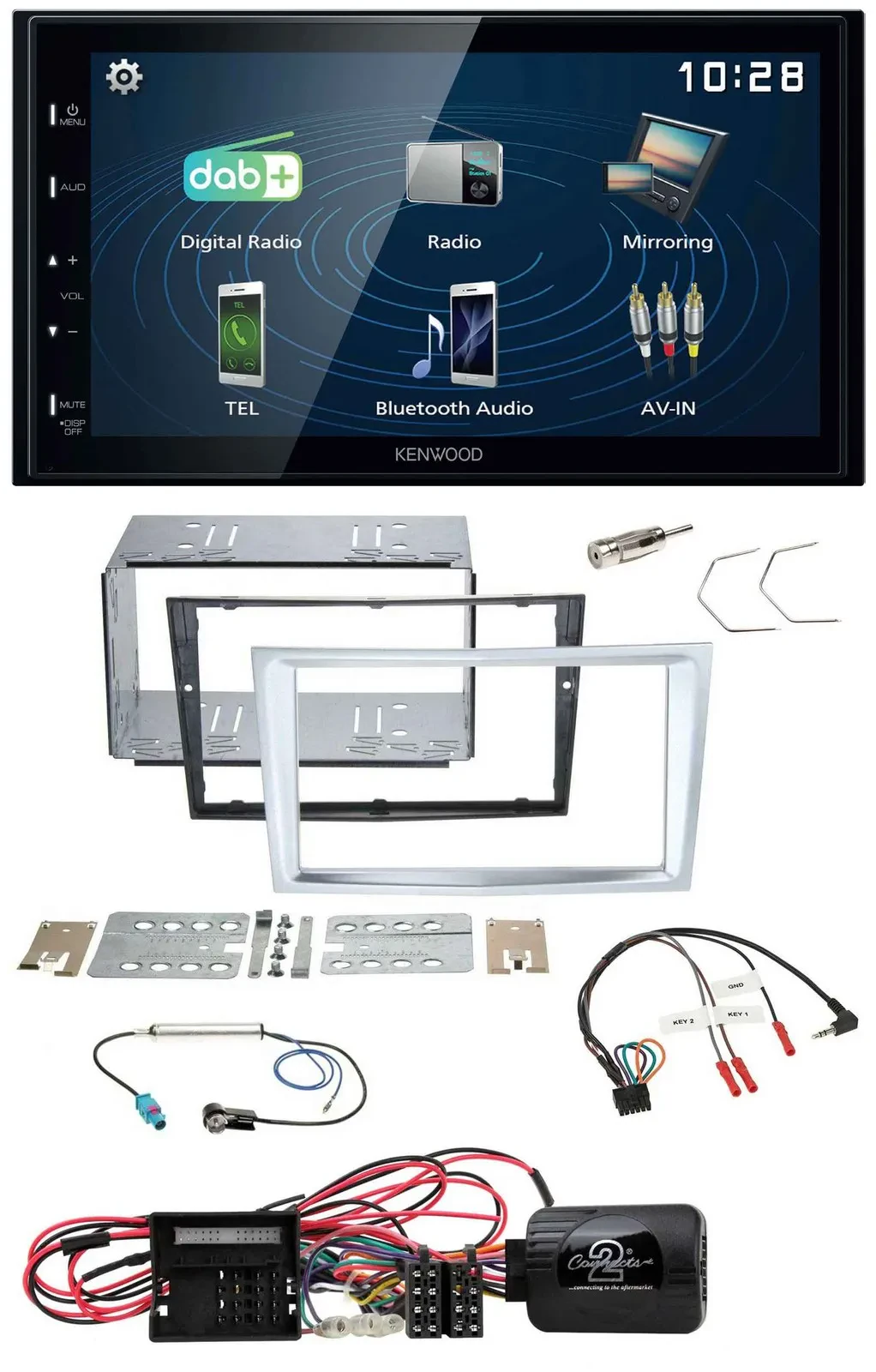 Автомагнитола Kenwood 2-DIN Bluetooth USB DAB для Opel Corsa D (матовый хром, с 2009 г.)