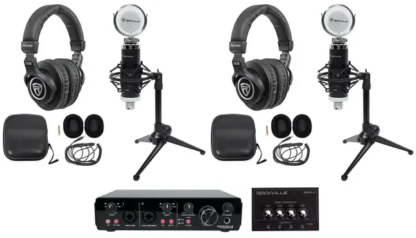 Rockville R-TRACK 2x2 2-Person Podcast Kit w/ RCM03 Microphone+Stand+Headphones