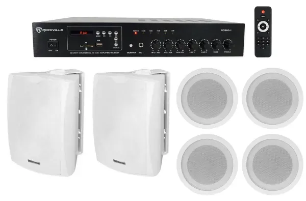 Rockville Commercial/Restaurant Amplifier+2) White 6.5" Wall+4) Ceiling Speakers