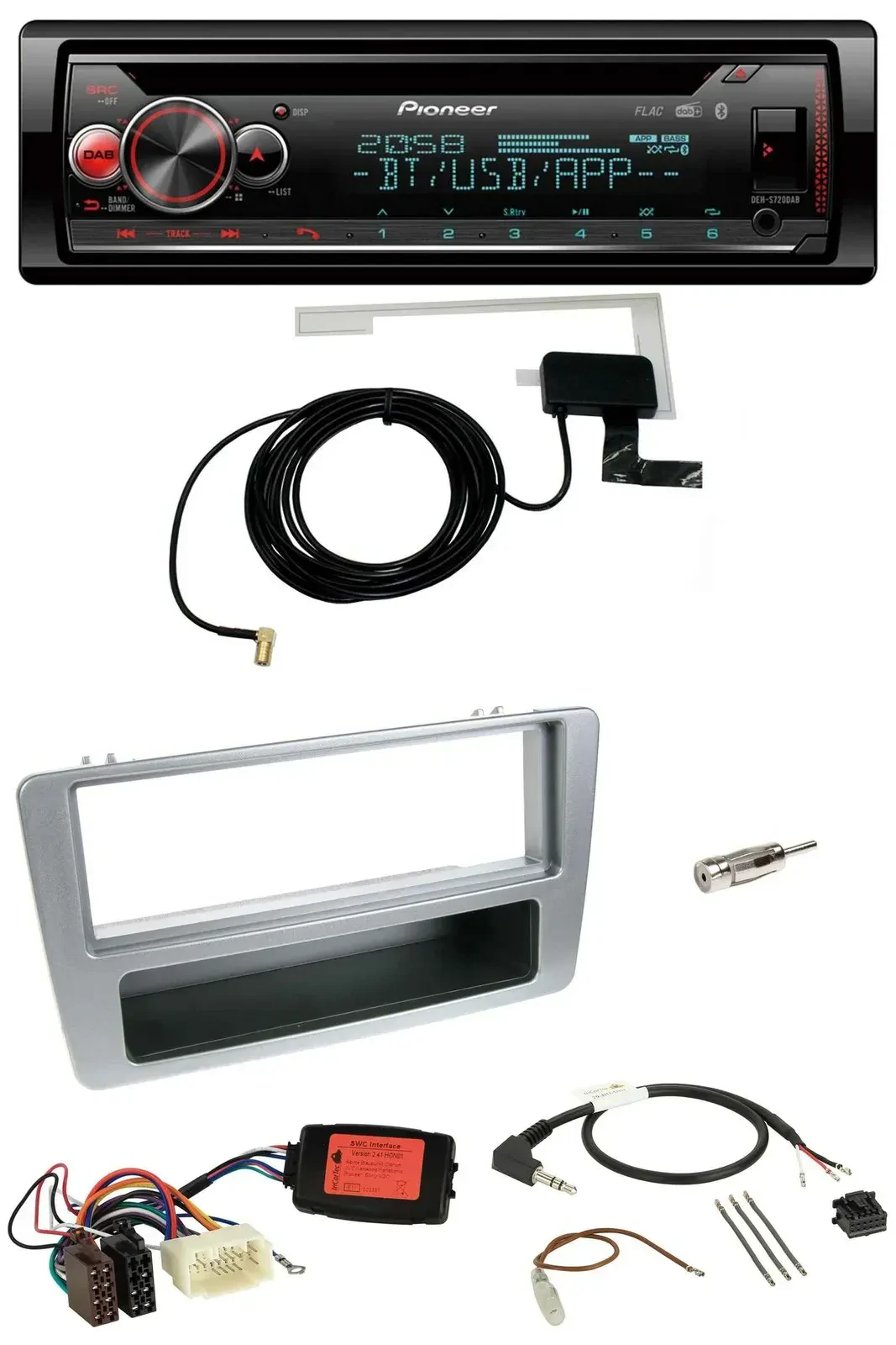 Автомагнитола для Honda Civic 2001–2003 Pioneer DAB, CD, USB, Bluetooth, серебристая, поддержка управления на руле