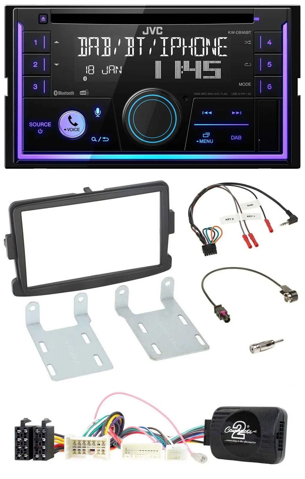 JVC Lenkrad USB 2DIN DAB Bluetooth CD Autoradio für Dacia Sandero ab 2013 schwar