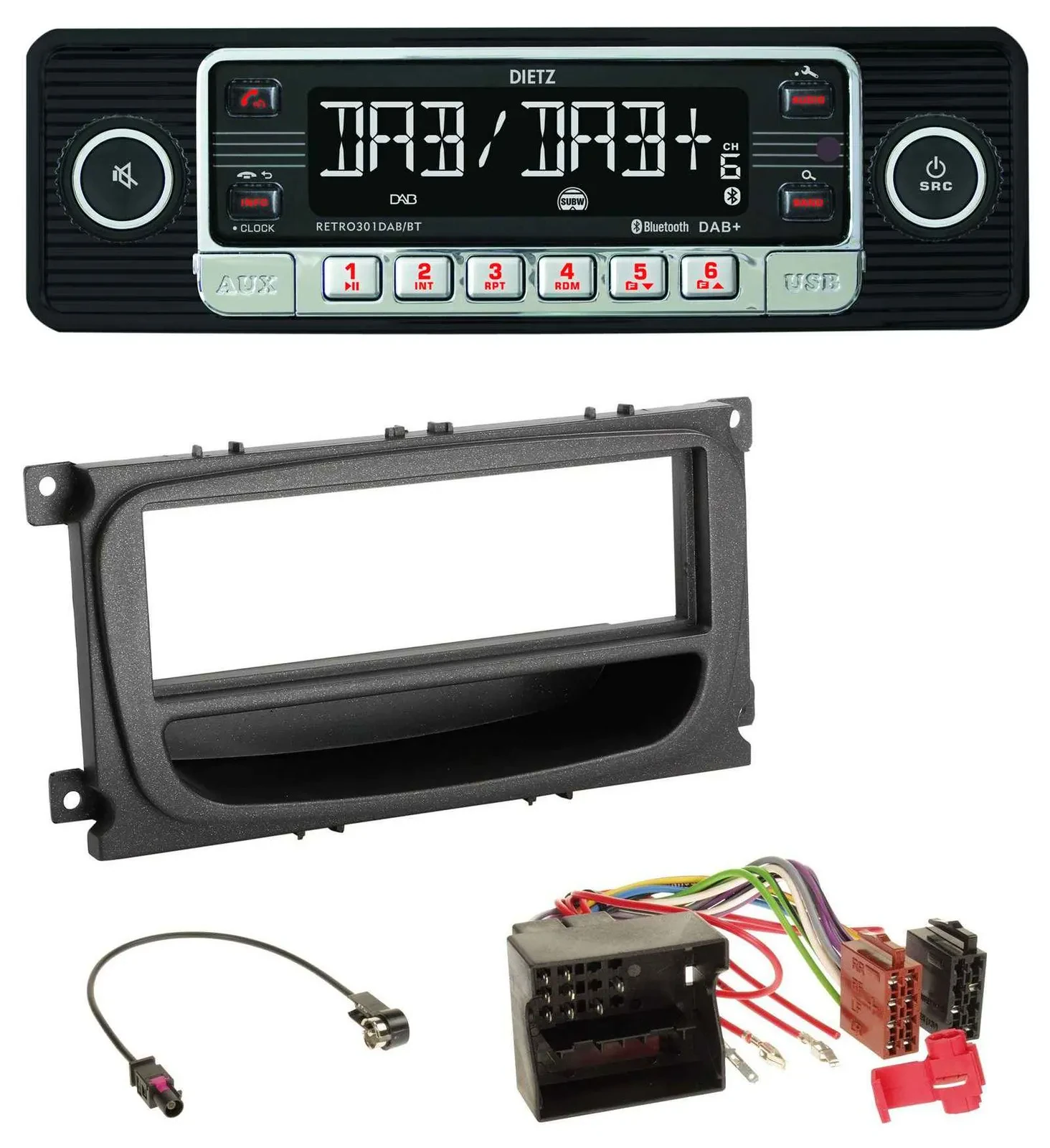 Dietz USB DAB MP3 Bluetooth Autoradio für Ford C-Max Focus Galaxy ab 2007 Ablage