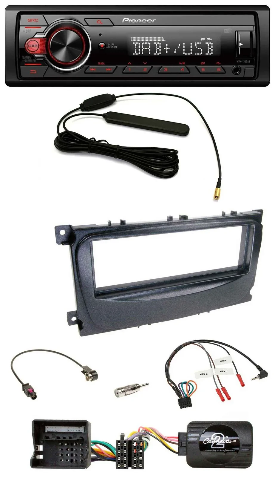 Автомагнитола Pioneer 1 DIN, DAB, USB, MP3, совместима с кнопками на руле, для Ford Focus, C-Max, Galaxy (с 2007)