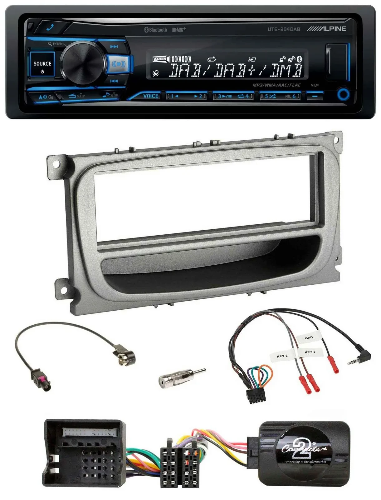 Автомагнитола Alpine USB, Bluetooth, DAB для Ford Mondeo/S-Max (с 2007), серебристый, с поддержкой кнопок на руле