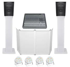 DJ Package w/(2) JBL JRX215 2000w 15" Speakers+Powered Mixer+Totem Stands+Facade