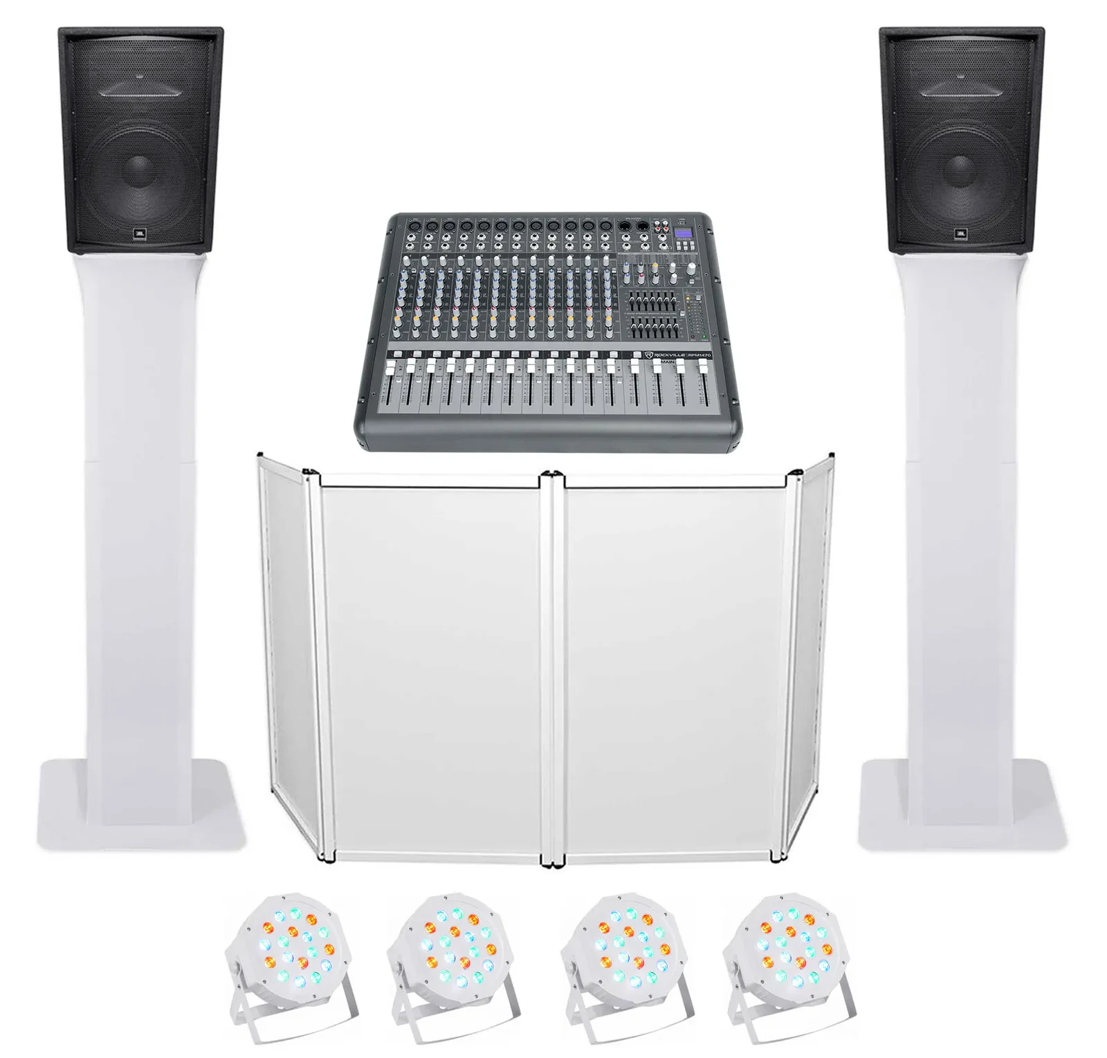 DJ Package w/(2) JBL JRX215 2000w 15" Speakers+Powered Mixer+Totem Stands+Facade