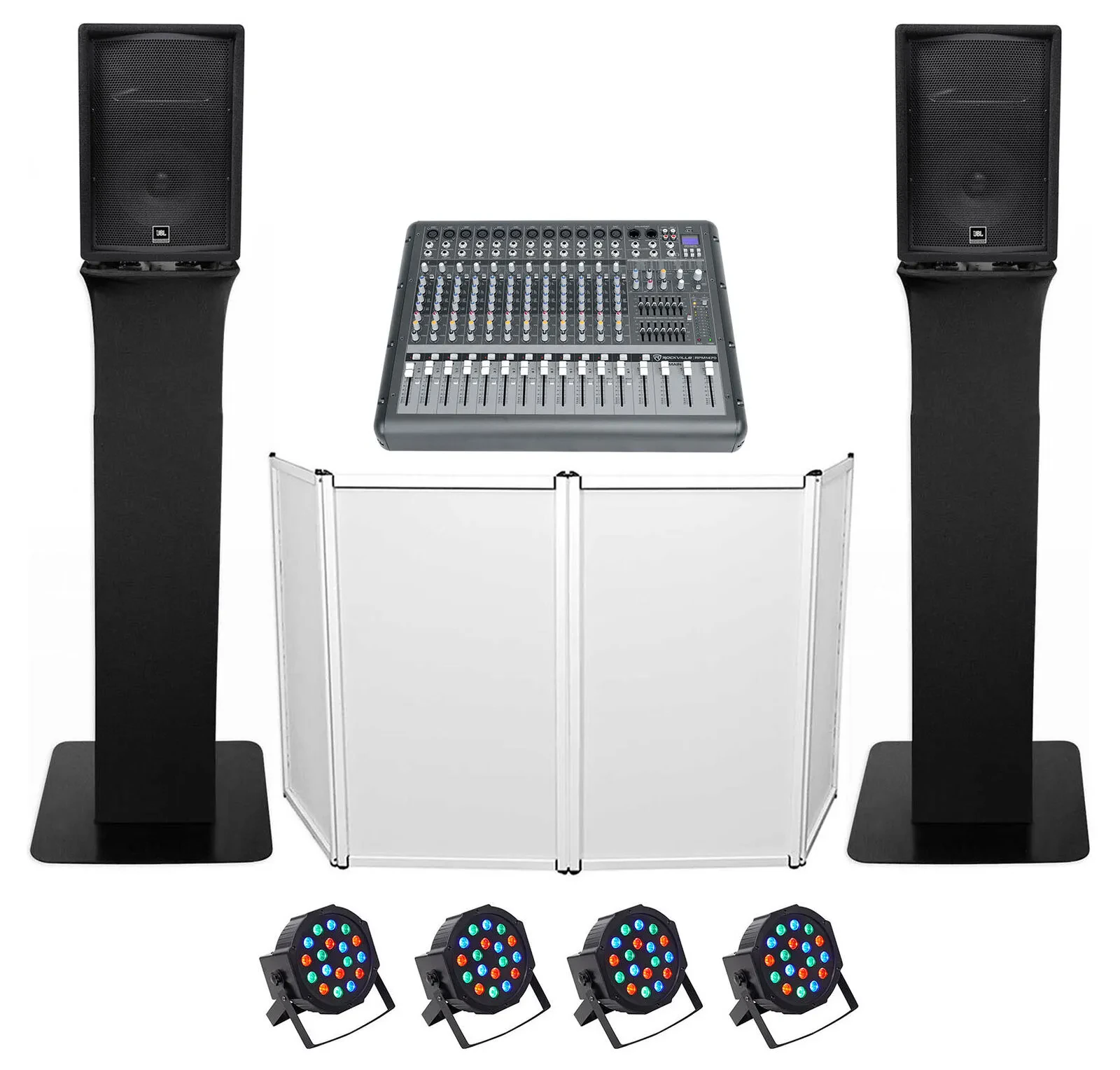 DJ Package w/(2) JBL JRX212 2000w 12" Speakers+Mixer+Totem Style Stands+Facade