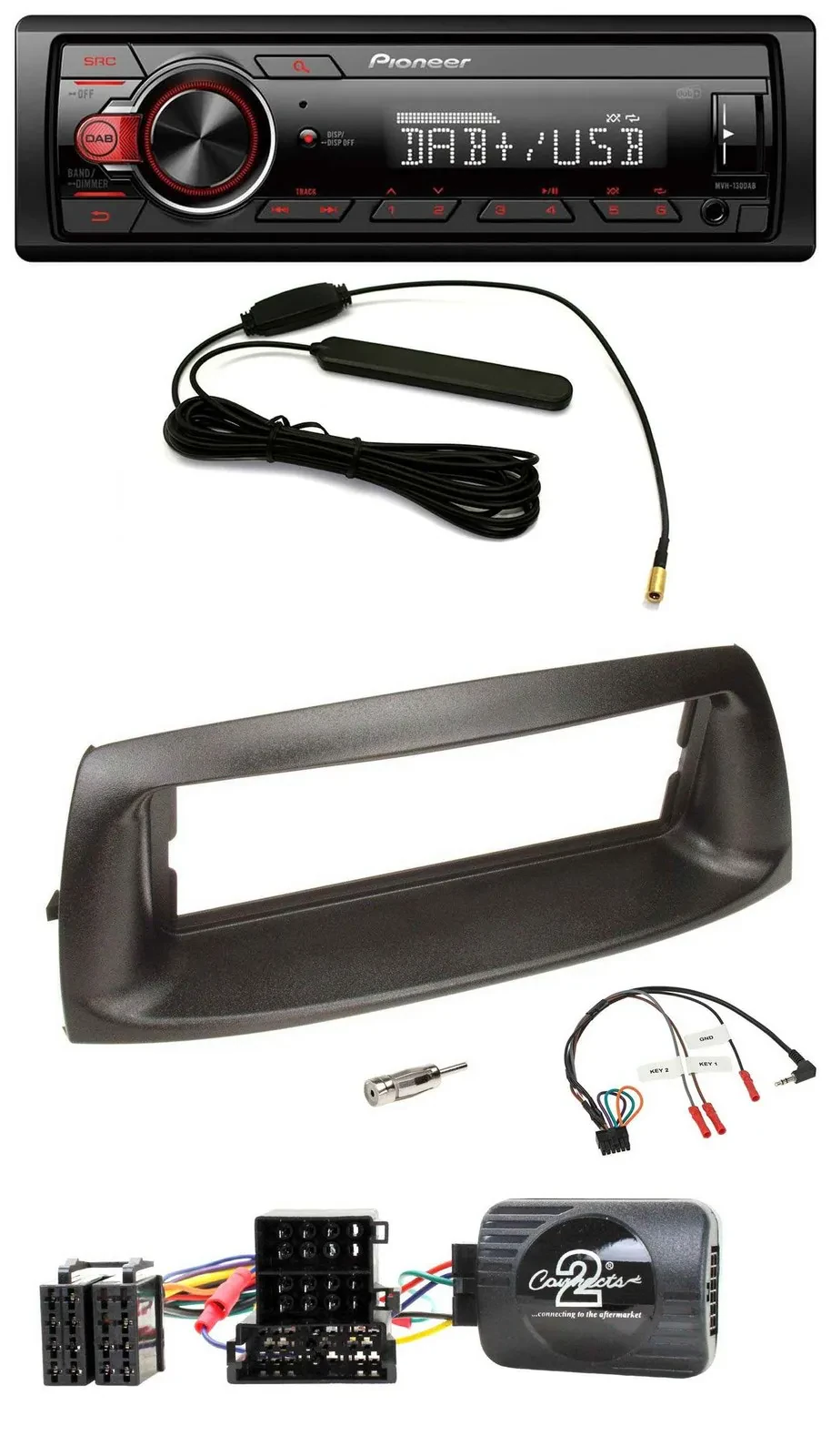 Автомагнитола для Fiat Punto 1999–2005 Pioneer 1DIN, DAB, USB, MP3, поддержка кнопок на руле