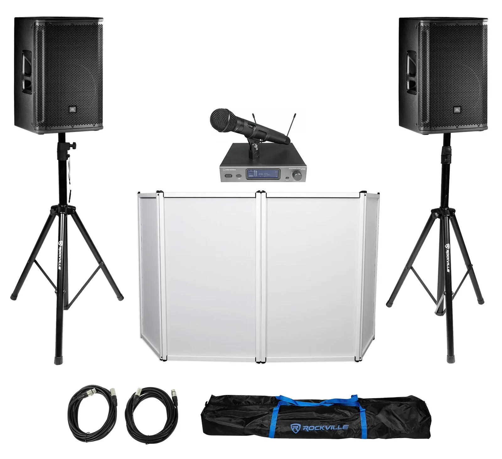 2 JBL SRX812P 12" 2000w Active DJ PA Speakers+Facade+Audio Technica Wireless Mic