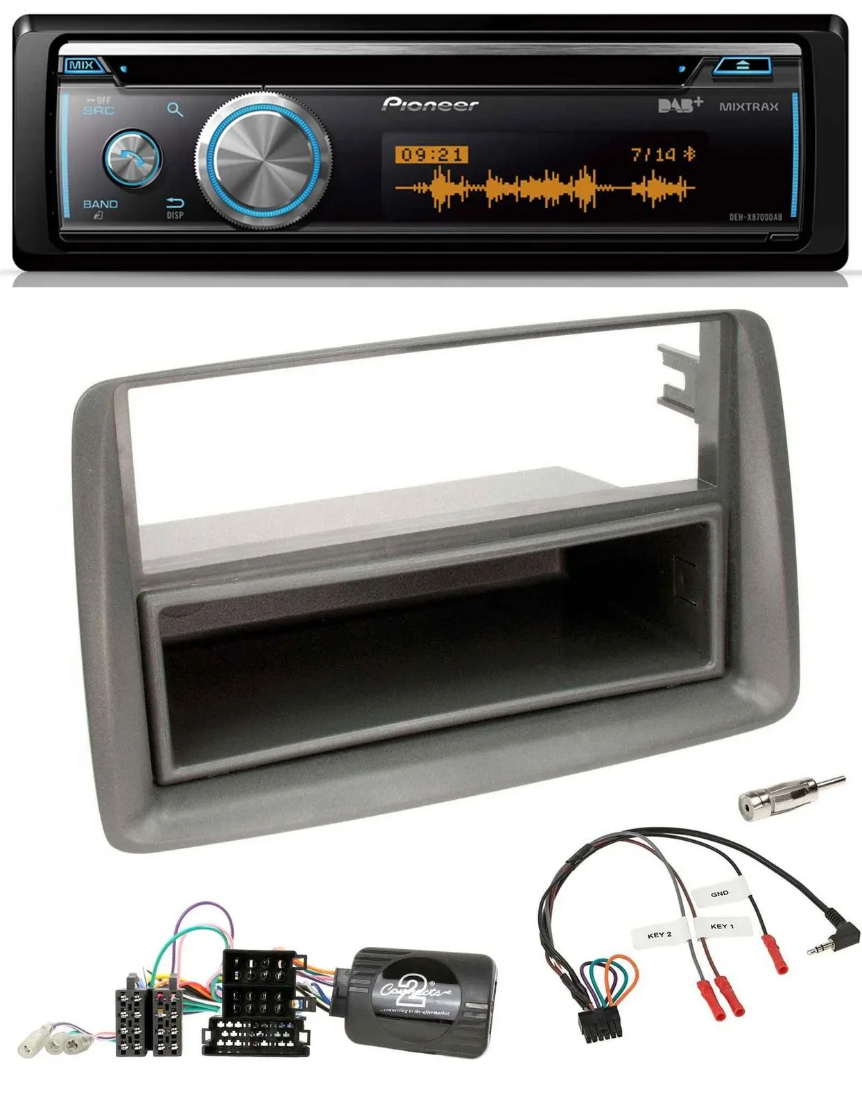 Автомагнитола для Fiat Panda 169 (2007–2012) Pioneer DAB USB CD Bluetooth, серый, поддержка кнопок на руле