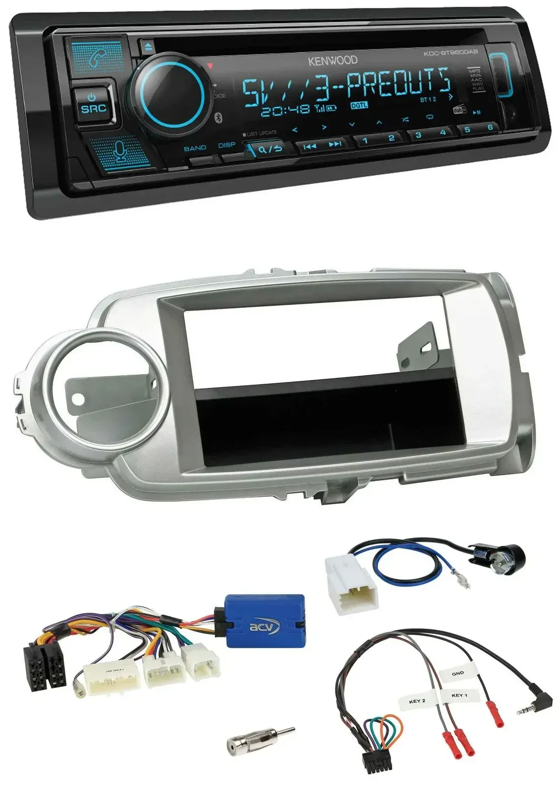Автомагнитола для Toyota Yaris 2011–2014 Kenwood Bluetooth USB CD DAB серебристая