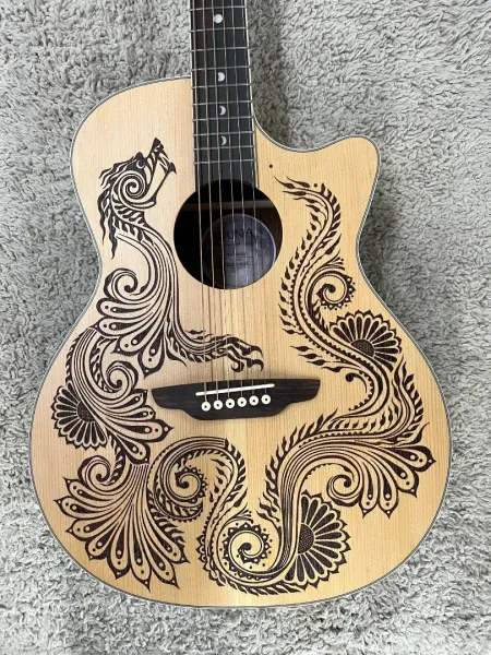 Luna HEN DRA SPR Henna Dragon Spruce &Mahogany Acoustic Electric Cutaway Guitar
