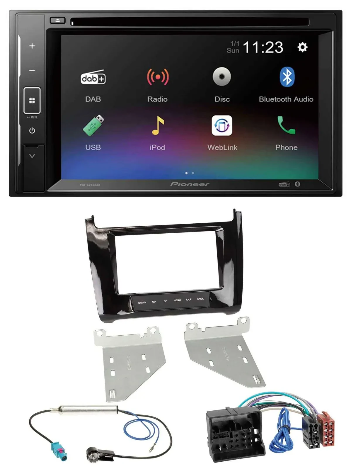 Pioneer Bluetooth MP3 USB 2DIN DAB DVD Autoradio für VW Polo ab 14 piano-schwarz
