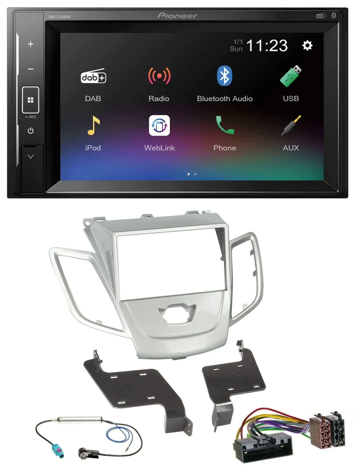 Автомагнитола Pioneer 2DIN DAB MP3 Bluetooth USB для Ford Fiesta 2010–2017, серебристая