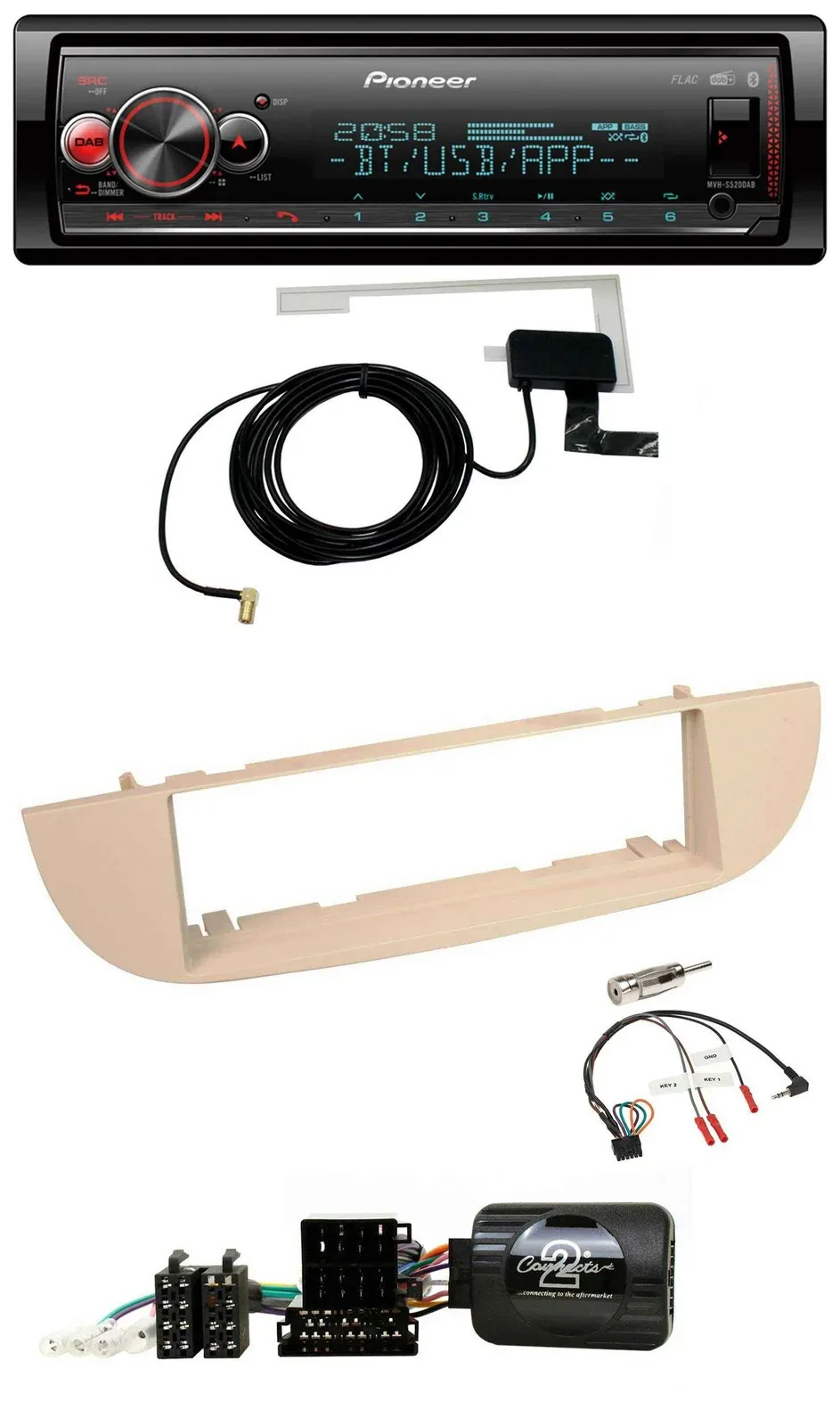 Автомагнитола для Fiat 500 (с 2007) Pioneer Bluetooth, DAB, USB, совместимая с кнопками на руле, цвет перламутрово-серый/бежевый