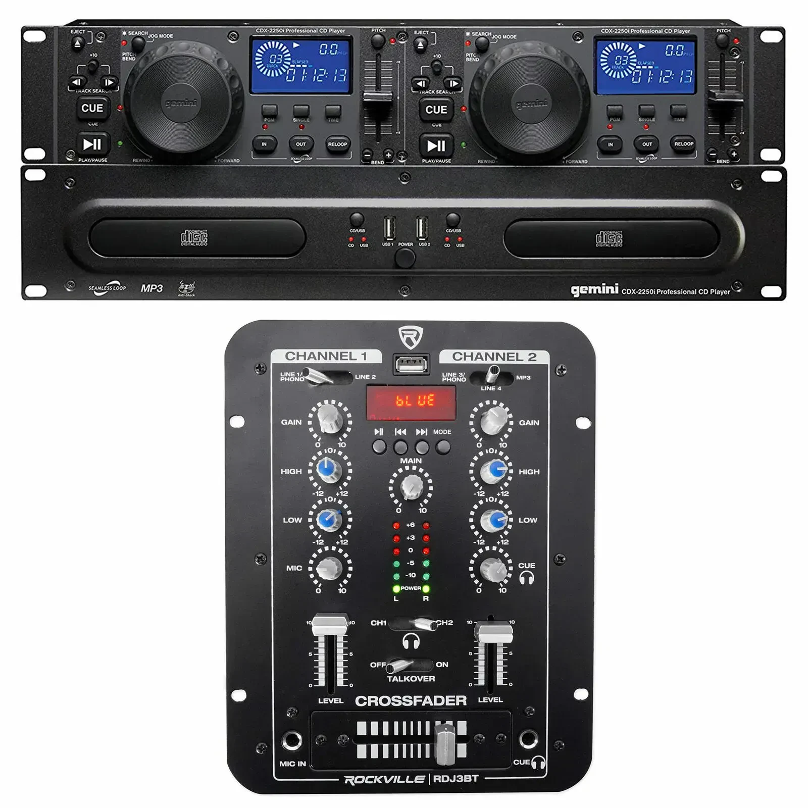 DJ-комплект Gemini CDX-2250I+RDJ3BT двухдечный CD/MP3 медиаплеер, рэк-монтаж, микшер 2‑канальный (набор)