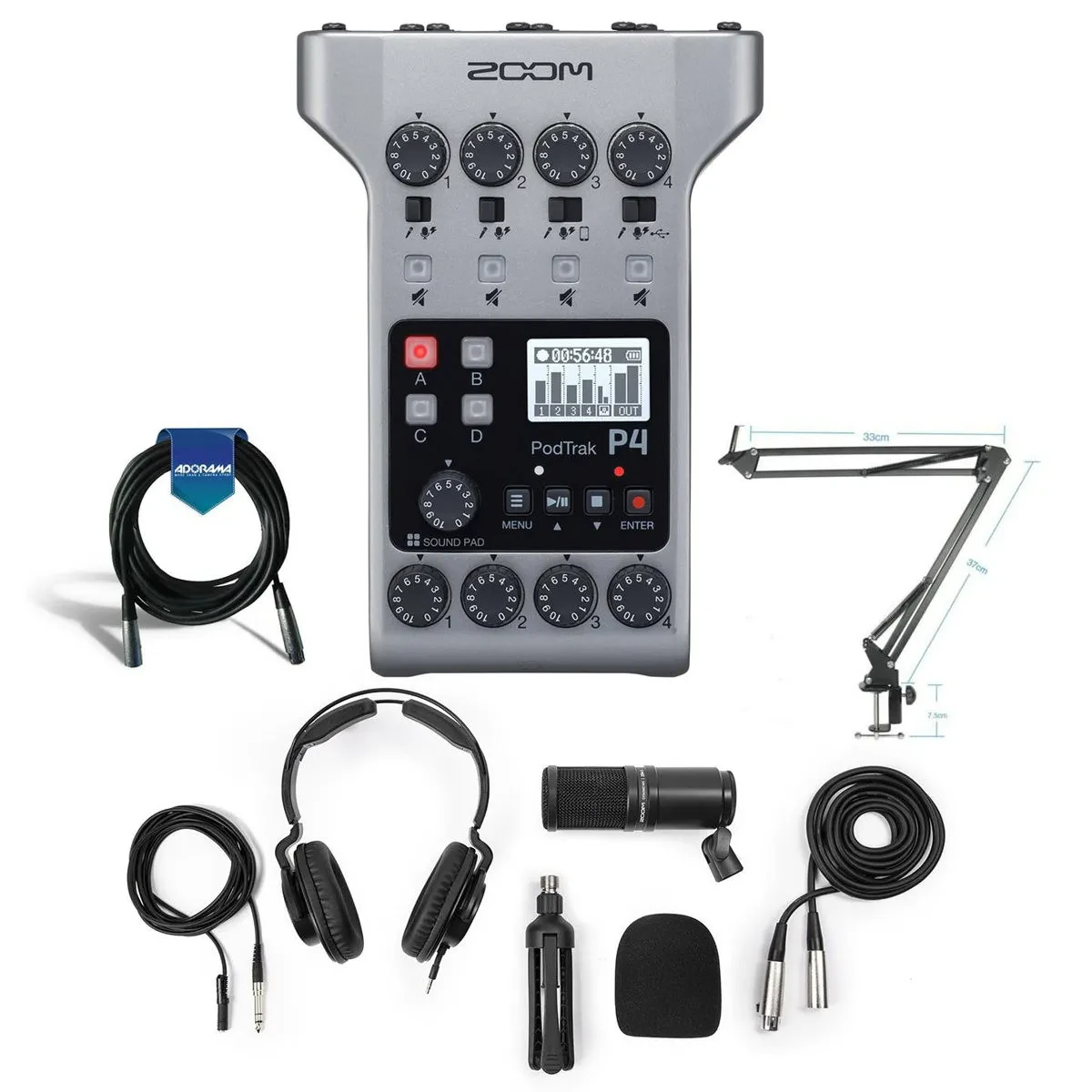 Zoom PodTrak P4 Podcast Recorder, Bundle with ZDM-1 Podcast Microphone Pack and