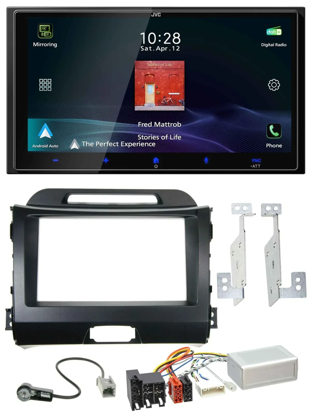 Автомагнитола JVC 2DIN, USB, Bluetooth, DAB, для Kia Sportage (2010–2015), с навигацией, чёрная