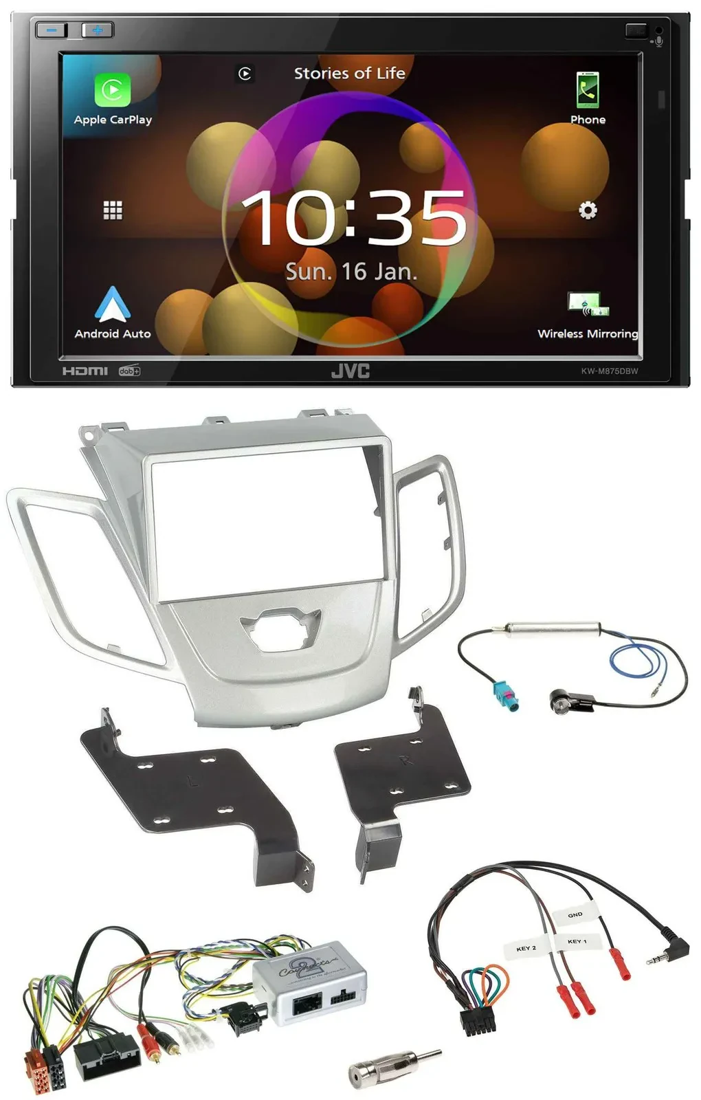 JVC DAB Lenkrad 2DIN Bluetooth USB Autoradio für Ford Fiesta 2010-2017 silber