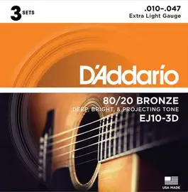 Струны для акустической гитары D'Addario EJ10-3D 10-47, бронза, 3 комплекта