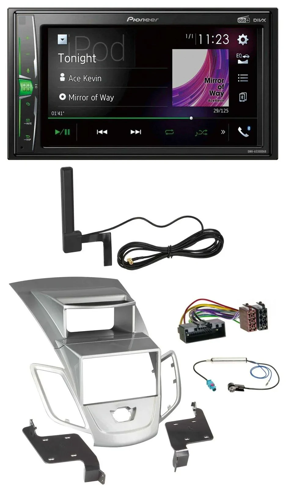 Автомагнитола Pioneer 2DIN MP3 DAB Bluetooth AUX для Ford Fiesta 2010–2017 серебристая