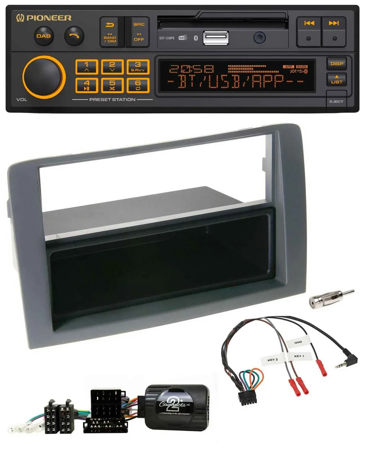 Автомагнитола Pioneer DAB, USB, Bluetooth для Fiat Idea 2006–2011 серый с управлением с руля