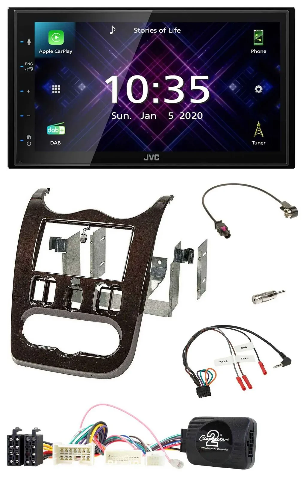 JVC DAB 2DIN Lenkrad Bluetooth USB Autoradio für Dacia ab 12 dunkelbraun