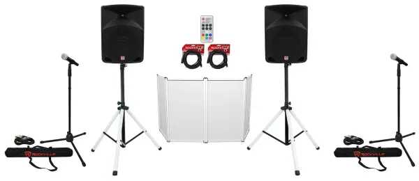 (2) Rockville RPG10 10" Powered 600w DJ PA Speakers+LED Stands+Facade+(2) Mics