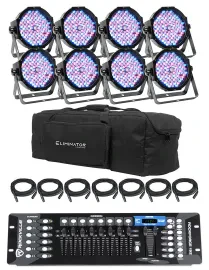 8) Eliminator American DJ Mega Flat PAK8 EP RGBUV Wash Lights+DMX Controller+Bag