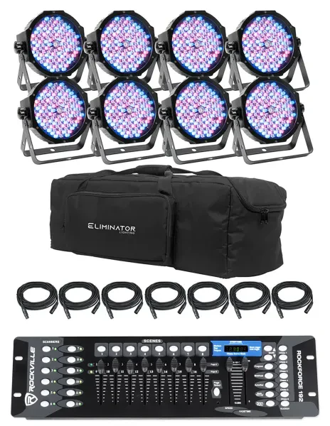 8) Eliminator American DJ Mega Flat PAK8 EP RGBUV Wash Lights+DMX Controller+Bag