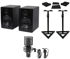 (2) Rockville APM8B 8" Powered USB Studio Monitors+Stands+Pads+Condenser Mic