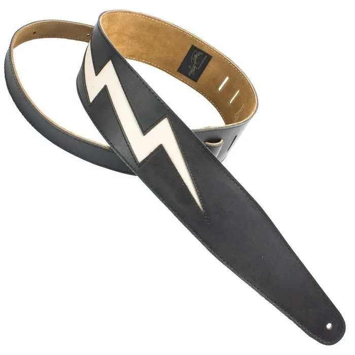Henry Heller 2.5" Wide Leather Adjustable Guitar Strap, Black with White Bolt