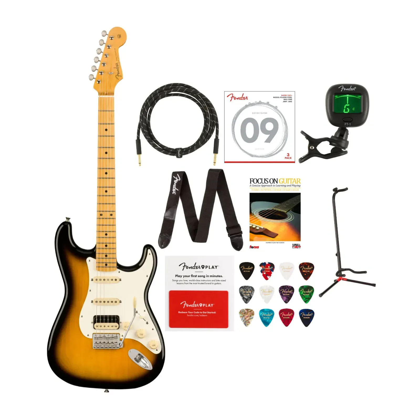 Fender JV Modified 50s Stratocaster HSS 6 String Electric Guitar Bundle